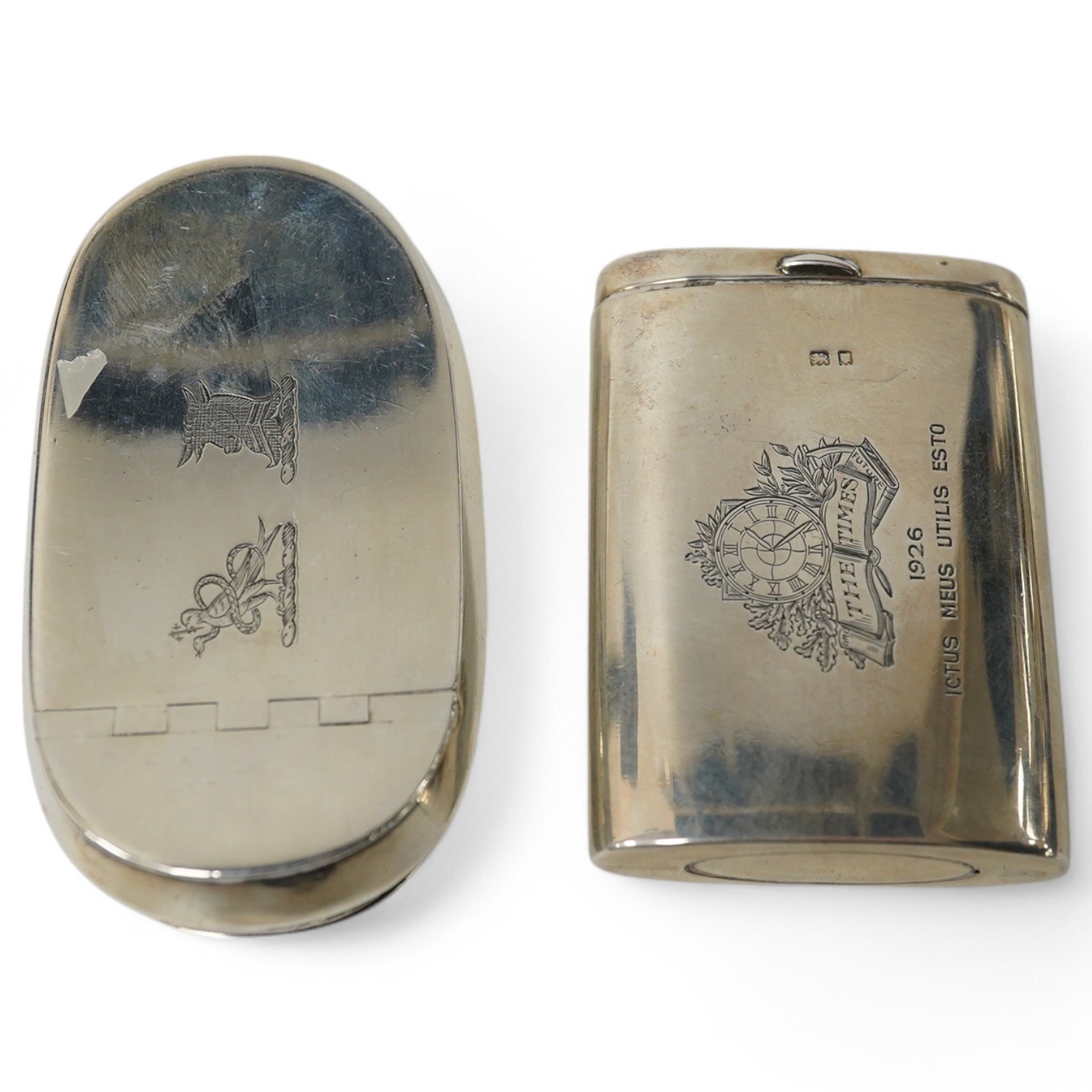 A George III silver concave snuff box by Joseph Wilmore, Birmingham, 1810, 76mm and a later George V silver snuff box, engraved 'The Times', London, 1926. Condition - fair to good